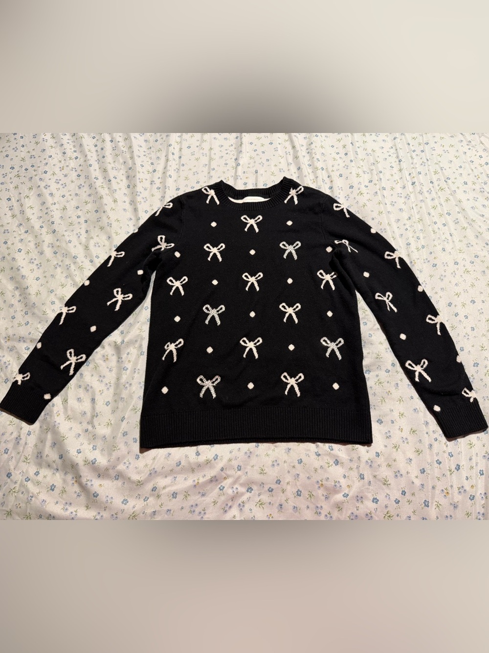 Charter Club Black Crewneck Sweater with White Bow Motif